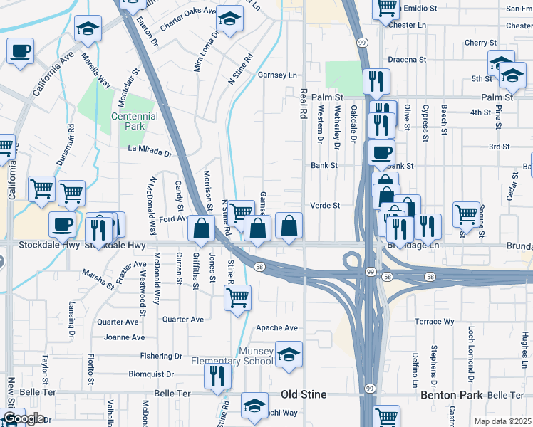 map of restaurants, bars, coffee shops, grocery stores, and more near 118 Garnsey Avenue in Bakersfield