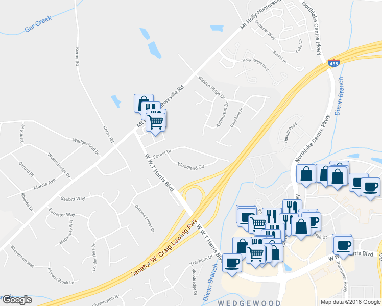 map of restaurants, bars, coffee shops, grocery stores, and more near 9710 Forest Drive in Charlotte