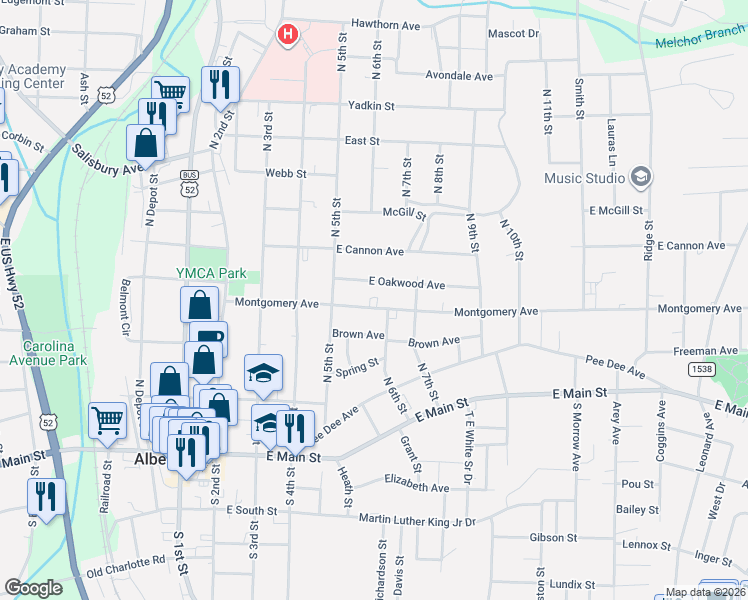 map of restaurants, bars, coffee shops, grocery stores, and more near 439 Brown Avenue in Albemarle