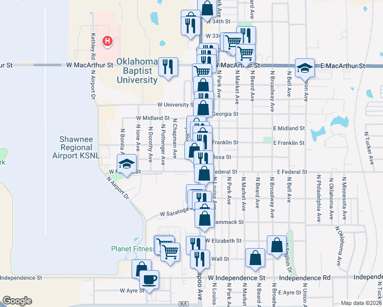 map of restaurants, bars, coffee shops, grocery stores, and more near 2006 North Kickapoo Avenue in Shawnee
