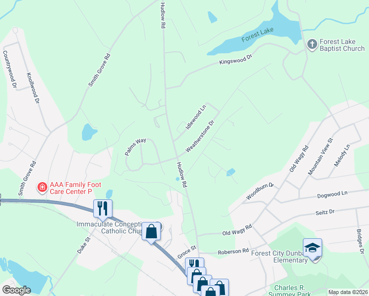 map of restaurants, bars, coffee shops, grocery stores, and more near 129 Weatherstone Drive in Forest City