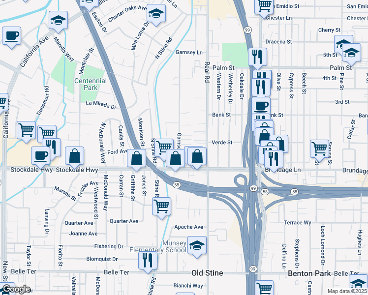 map of restaurants, bars, coffee shops, grocery stores, and more near 34 Garnsey Avenue in Bakersfield