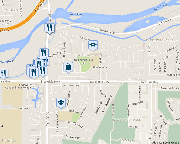 map of restaurants, bars, coffee shops, grocery stores, and more near 7338 Stockdale Highway in Bakersfield