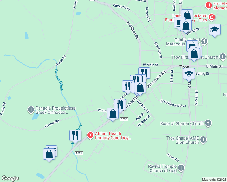 map of restaurants, bars, coffee shops, grocery stores, and more near 832 H R Holt Circle in Troy