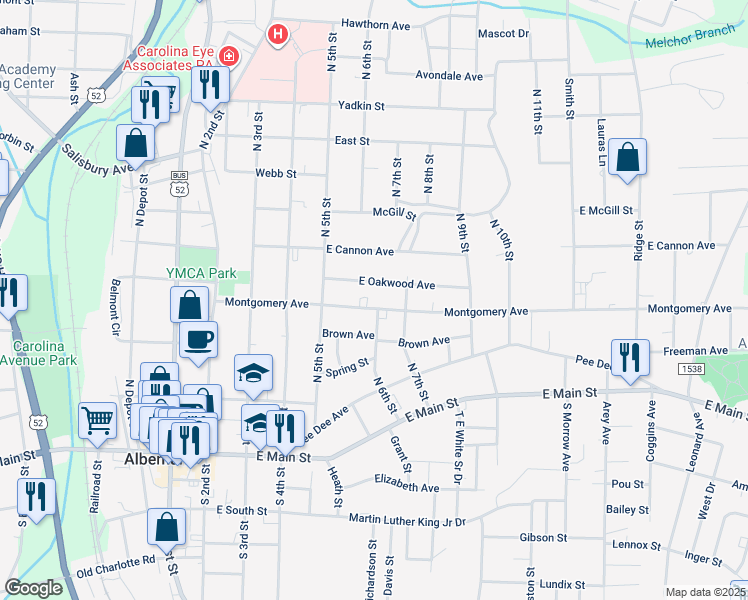 map of restaurants, bars, coffee shops, grocery stores, and more near 439 Brown Avenue in Albemarle