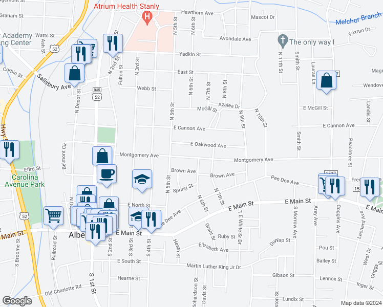 map of restaurants, bars, coffee shops, grocery stores, and more near 439 Brown Avenue in Albemarle
