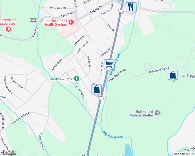 map of restaurants, bars, coffee shops, grocery stores, and more near 117 South Street in Rutherfordton