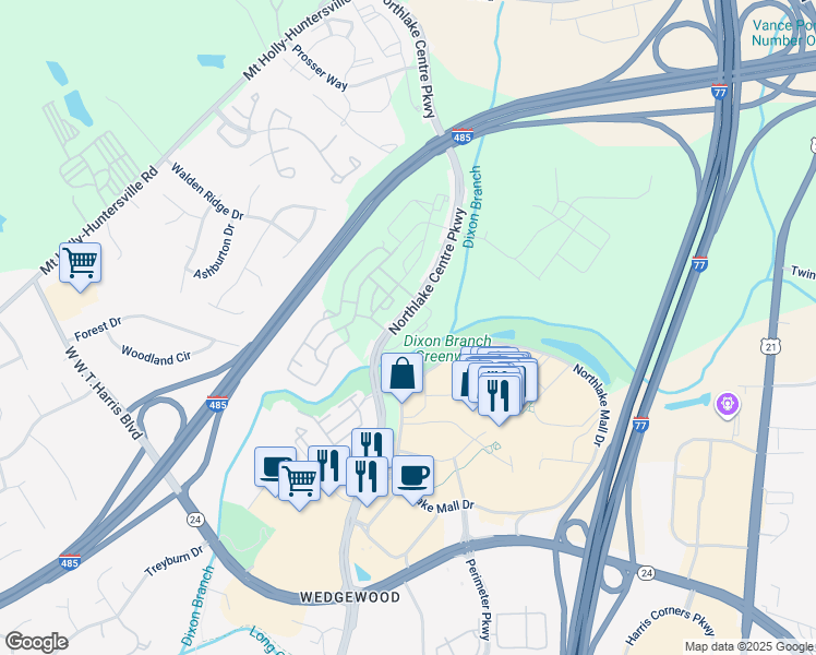 map of restaurants, bars, coffee shops, grocery stores, and more near 10400 Northlake Centre Parkway in Charlotte