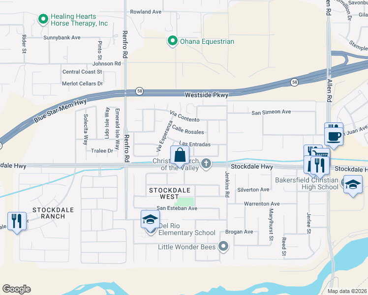 map of restaurants, bars, coffee shops, grocery stores, and more near 14013 Las Entradas in Bakersfield