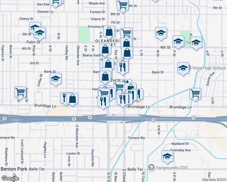 map of restaurants, bars, coffee shops, grocery stores, and more near 107 Eye Street in Bakersfield