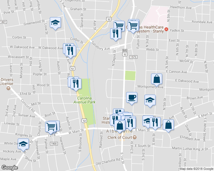 map of restaurants, bars, coffee shops, grocery stores, and more near 340 Belmont Circle in Albemarle