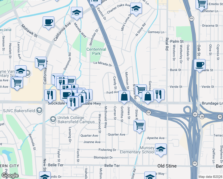 map of restaurants, bars, coffee shops, grocery stores, and more near 104 Suzanne Street in Bakersfield