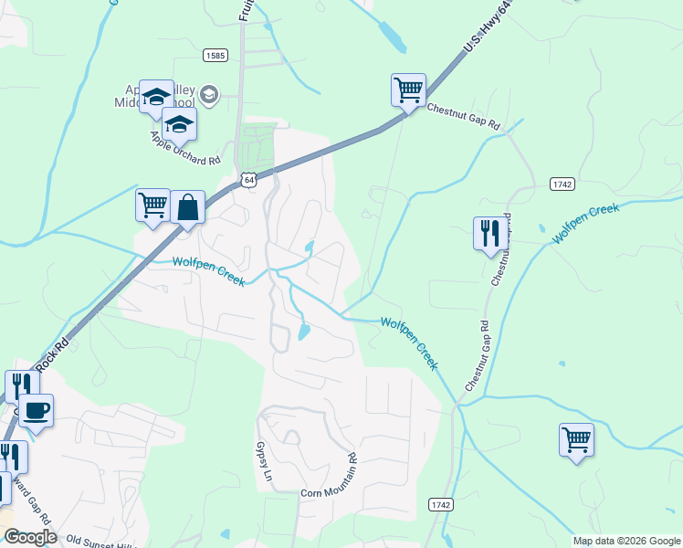 map of restaurants, bars, coffee shops, grocery stores, and more near 20 Gray Wolf Lane in Hendersonville