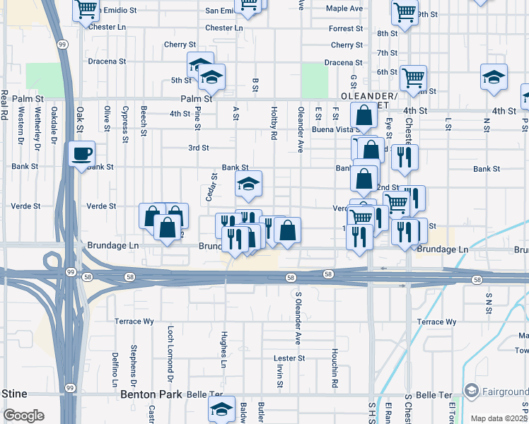 map of restaurants, bars, coffee shops, grocery stores, and more near 2207 Verde Street in Bakersfield
