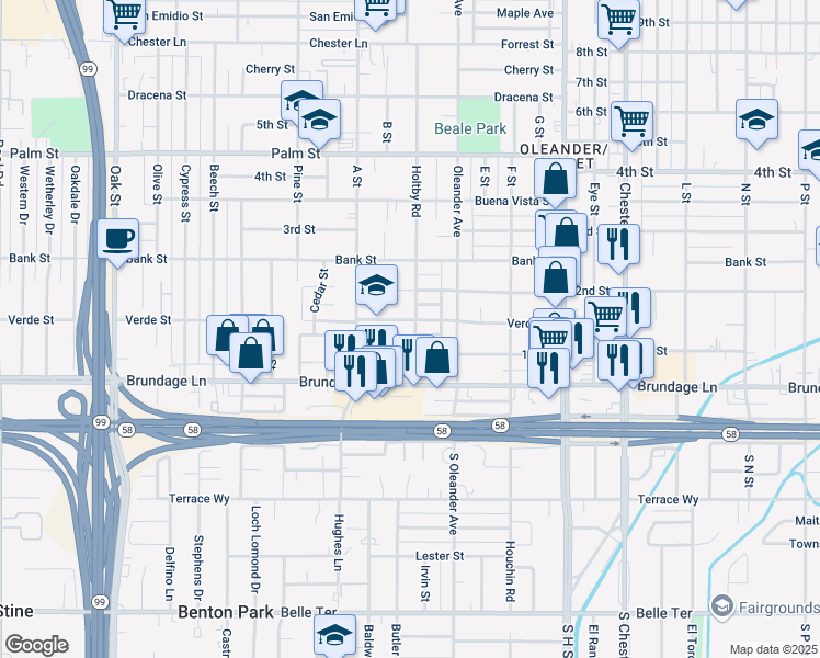map of restaurants, bars, coffee shops, grocery stores, and more near 2324 Verde Street in Bakersfield