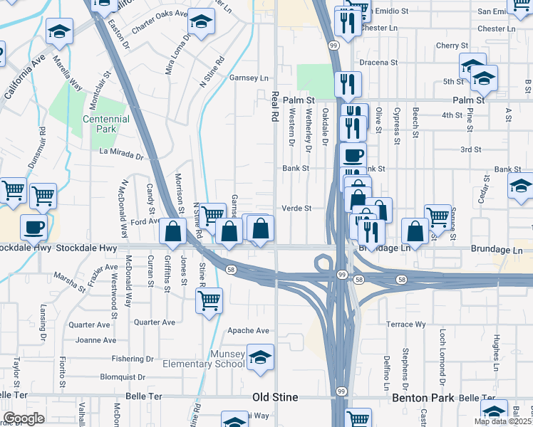 map of restaurants, bars, coffee shops, grocery stores, and more near 121 Real Road in Bakersfield