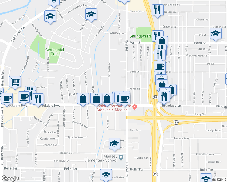 map of restaurants, bars, coffee shops, grocery stores, and more near 217 Garnsey Avenue in Bakersfield