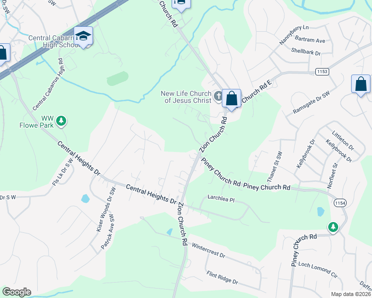 map of restaurants, bars, coffee shops, grocery stores, and more near 4370 Zion Church Road in Concord