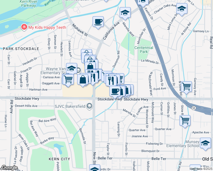 map of restaurants, bars, coffee shops, grocery stores, and more near 5555 Business Park South in Bakersfield
