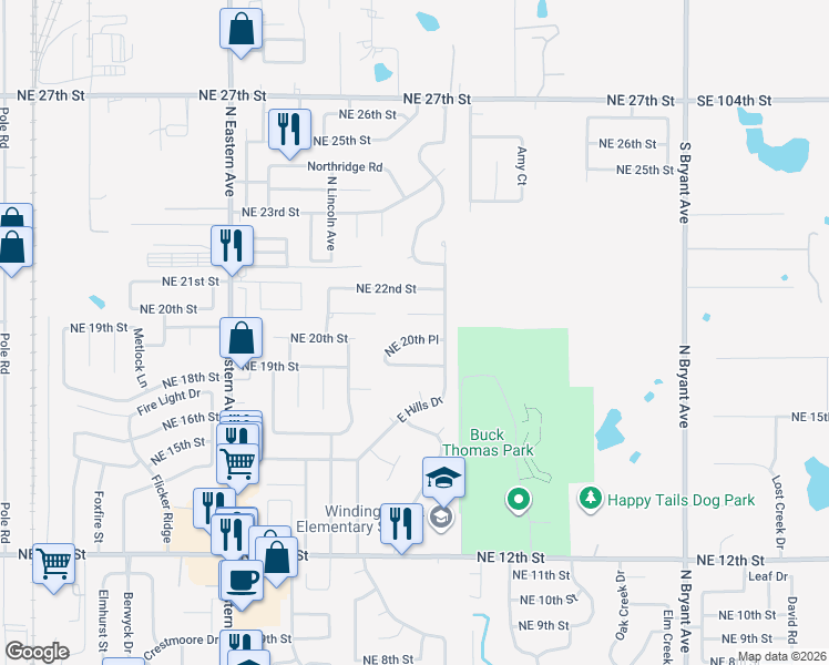map of restaurants, bars, coffee shops, grocery stores, and more near 1309 Northeast 21st Place in Moore