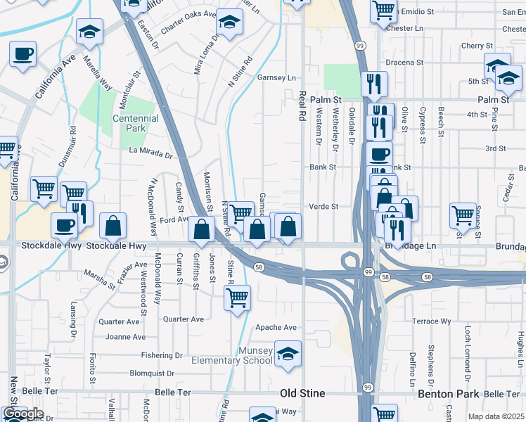 map of restaurants, bars, coffee shops, grocery stores, and more near 112 Garnsey Avenue in Bakersfield