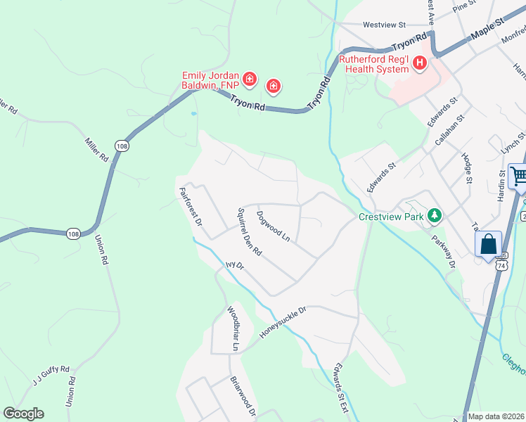 map of restaurants, bars, coffee shops, grocery stores, and more near 331 Squirrel Den Drive in Rutherfordton