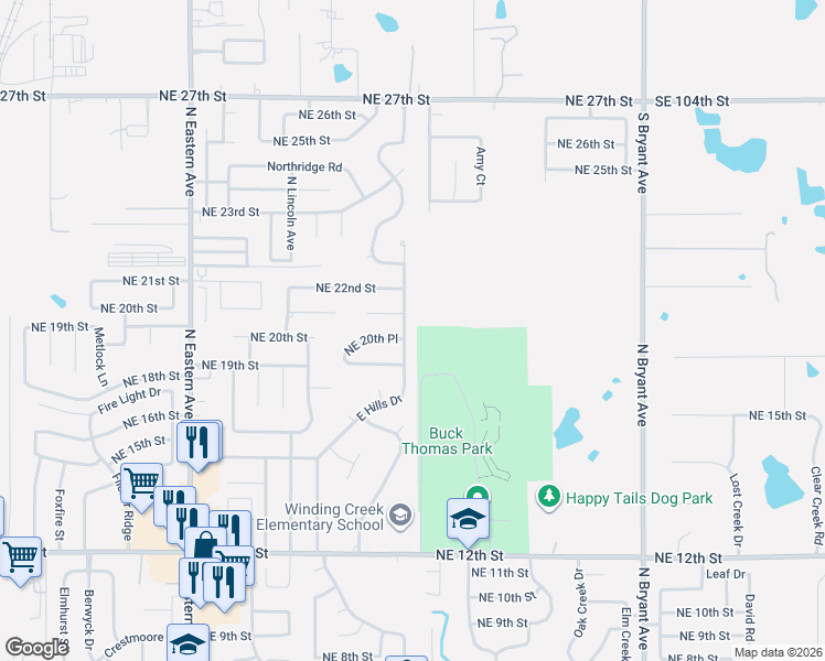map of restaurants, bars, coffee shops, grocery stores, and more near 2120 East Hills Drive in Moore
