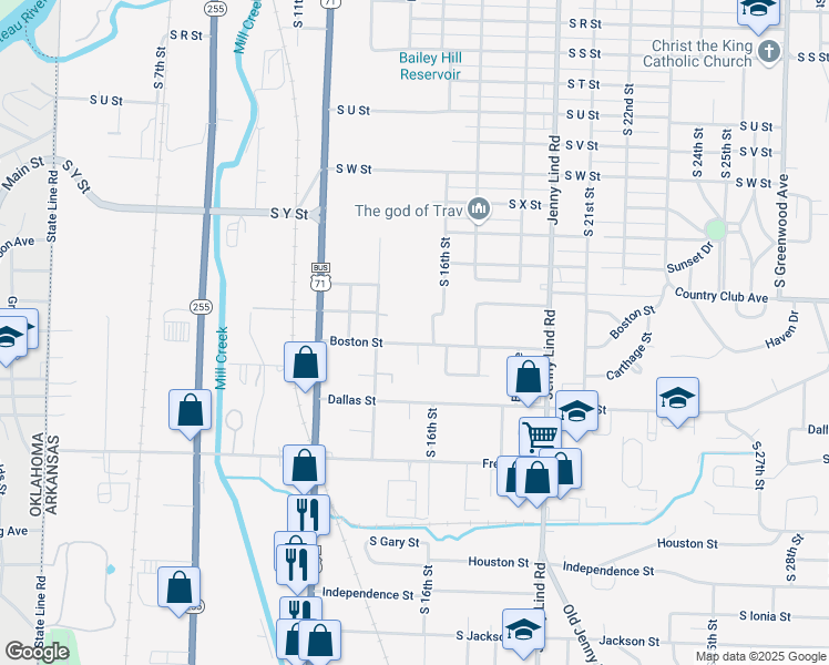 map of restaurants, bars, coffee shops, grocery stores, and more near 1501 Boston Street in Fort Smith