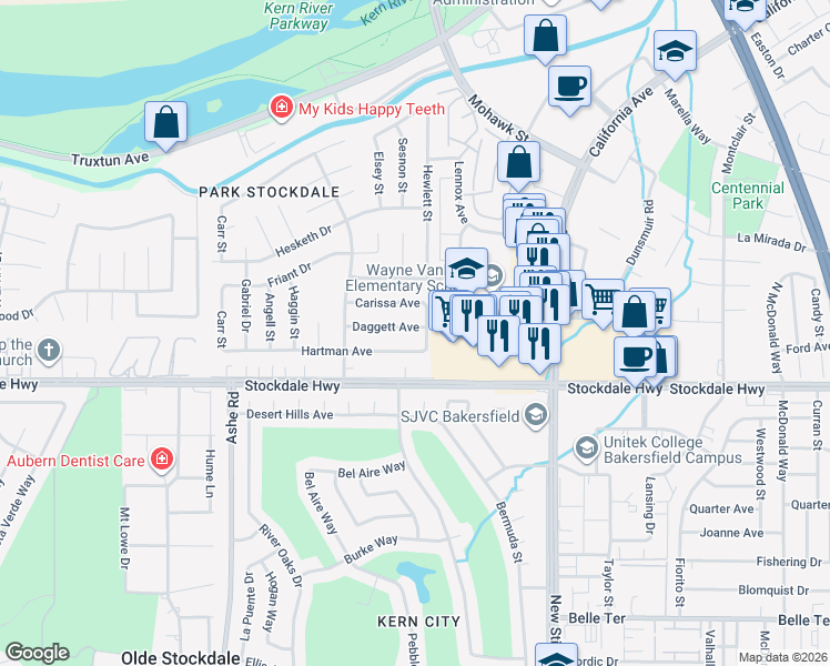 map of restaurants, bars, coffee shops, grocery stores, and more near 5705 Daggett Avenue in Bakersfield