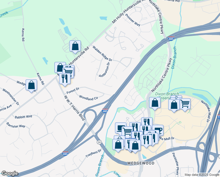 map of restaurants, bars, coffee shops, grocery stores, and more near 8836 Cavonnier Lane in Charlotte