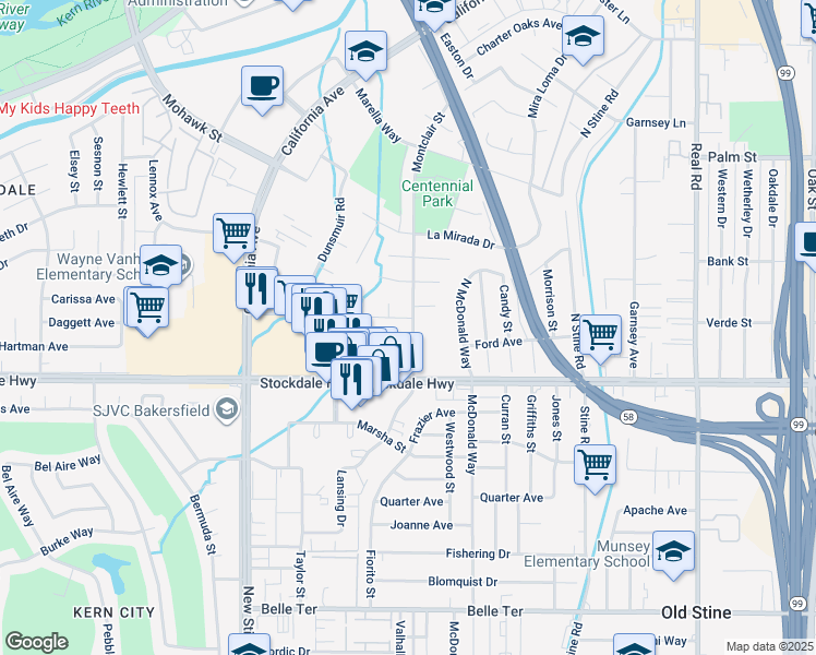 map of restaurants, bars, coffee shops, grocery stores, and more near 191 Montclair Street in Bakersfield