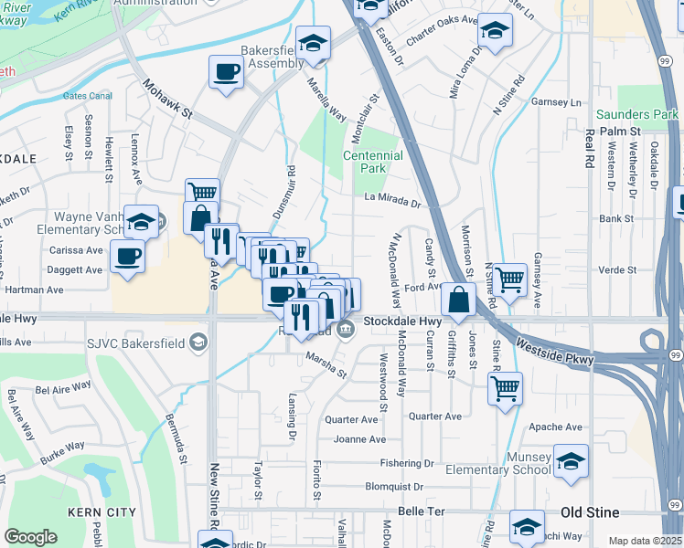 map of restaurants, bars, coffee shops, grocery stores, and more near 191 Montclair Street in Bakersfield