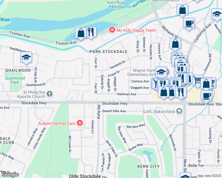 map of restaurants, bars, coffee shops, grocery stores, and more near 205 Haggin Street in Bakersfield