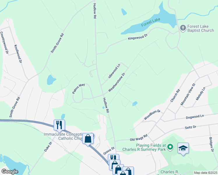 map of restaurants, bars, coffee shops, grocery stores, and more near 141 Weatherstone Drive in Forest City