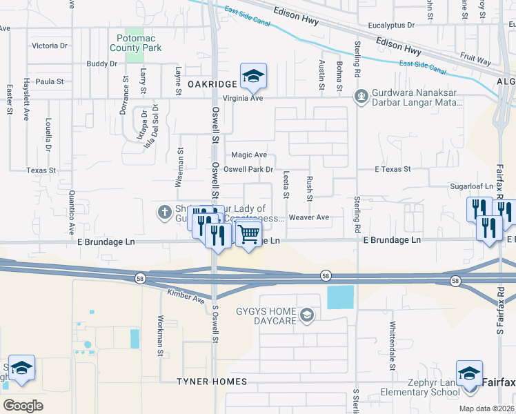 map of restaurants, bars, coffee shops, grocery stores, and more near 5210 Skeldale Court in Bakersfield