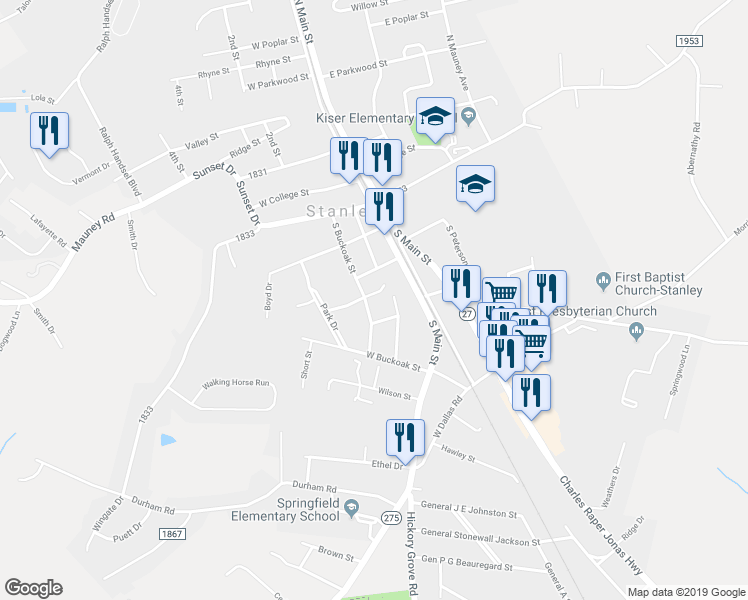 map of restaurants, bars, coffee shops, grocery stores, and more near 403 South Buckoak Street in Stanley