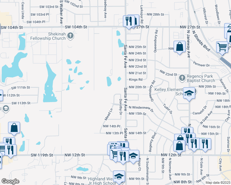 map of restaurants, bars, coffee shops, grocery stores, and more near 1301 NW 19th St in Moore