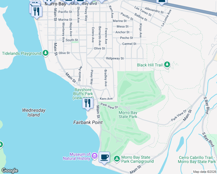 map of restaurants, bars, coffee shops, grocery stores, and more near 225 Kern Avenue in Morro Bay