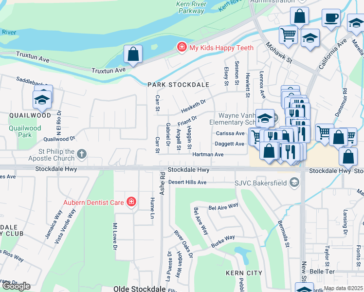 map of restaurants, bars, coffee shops, grocery stores, and more near 205 Haggin Street in Bakersfield
