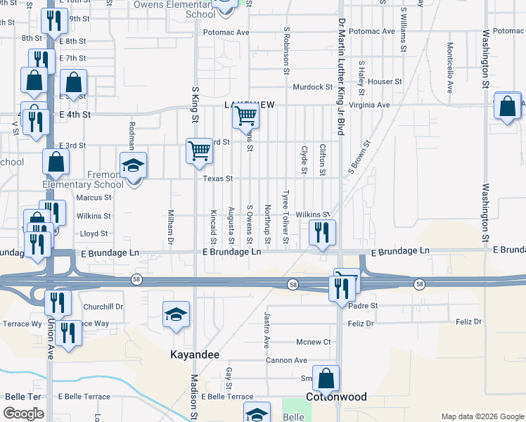 map of restaurants, bars, coffee shops, grocery stores, and more near 102 Northrup Street in Bakersfield