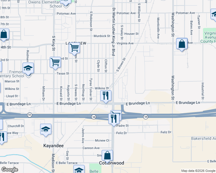 map of restaurants, bars, coffee shops, grocery stores, and more near 121 Clifton Street in Bakersfield