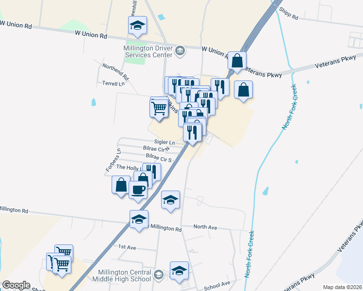 map of restaurants, bars, coffee shops, grocery stores, and more near 5002 Bilrae Circle North in Millington