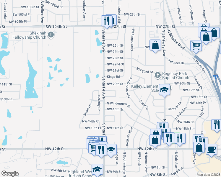 map of restaurants, bars, coffee shops, grocery stores, and more near 1025 Northwest 20th Street in Moore