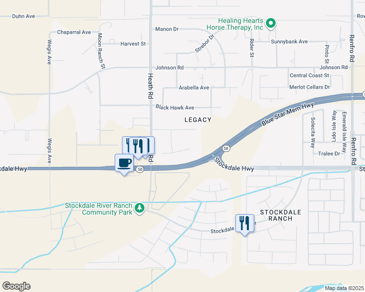 map of restaurants, bars, coffee shops, grocery stores, and more near 15803 Legacy Court in Bakersfield