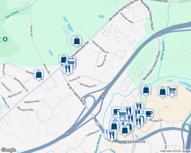 map of restaurants, bars, coffee shops, grocery stores, and more near 9704 Stewart Spring Lane in Charlotte