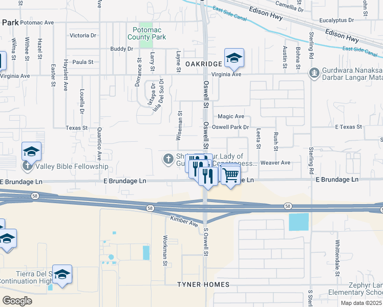 map of restaurants, bars, coffee shops, grocery stores, and more near 4801 Bergquist Avenue in Bakersfield
