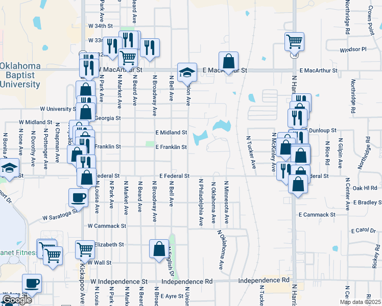 map of restaurants, bars, coffee shops, grocery stores, and more near 2203 North Union Avenue in Shawnee