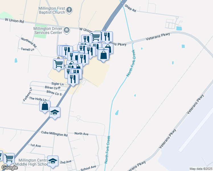 map of restaurants, bars, coffee shops, grocery stores, and more near 8490 U.S. 51 in Millington