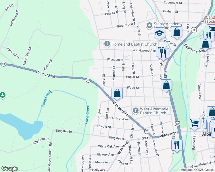 map of restaurants, bars, coffee shops, grocery stores, and more near 615 Monroe Street in Albemarle