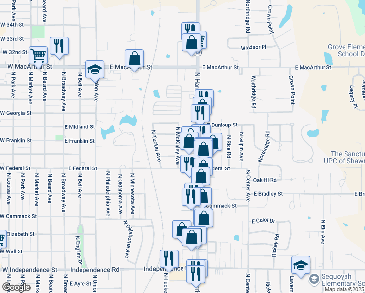 map of restaurants, bars, coffee shops, grocery stores, and more near 2203 North McKinley Avenue in Shawnee